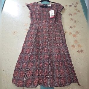 NWT Mata Traders Red & Black Midi Dress Handcrafted In India, Block Prints